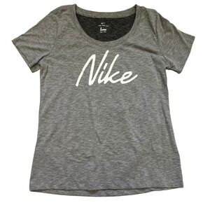 Nike Dri-Fit Women's Gray Script Logo Tee Shirt Size M Activewear Top